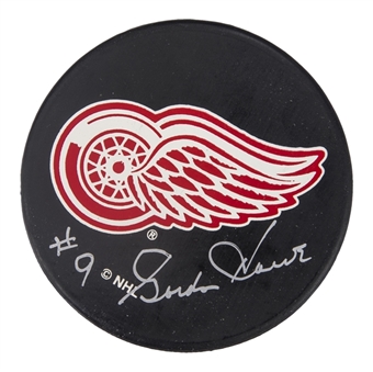 Gordie Howe Signed & "#9" Inscribed Detroit Red Wings Hockey Puck (JSA)